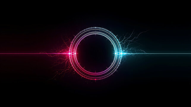 Abstract energy circle with electric discharge effect emanating from red and blue laser beam points - Powered by Adobe