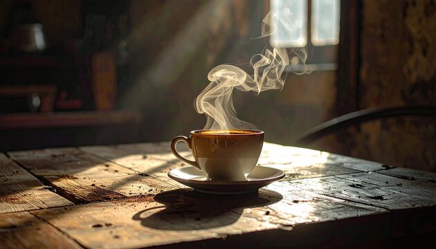 Warm Steaming Coffee Cup on a Rustic Wooden Table Bathed in Sunlight Rays Through a Window Creating an Inviting Atmosphere