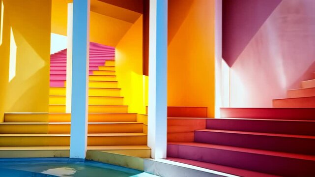 Selective focus. Color steps and stairs creating bold geometric patterns