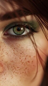 Portrait of a red-haired woman with striking blue eyes wearing elegant green makeup.
