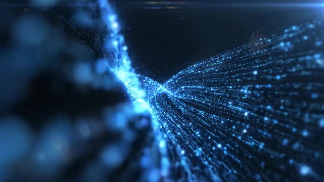 Seamlessly looping stream of glowing blue energy particles flowing in perfect harmonic equilibrium against a dark void background power, futuristic design, high tech