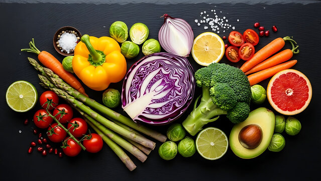 Nutrient Dense Vegetables and Citrus on Dark Background