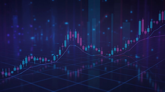 Abstract futuristic stock market chart with uptrend candle stick pattern and grid background