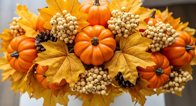 Vibrant autumn harvest arrangement with pumpkins and fall leaves