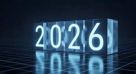 Glowing translucent glass blocks displaying the numerical representation of year 2026 set against futuristic dark blue digital grid background