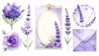 Watercolor floral elements of lavender flowers and rose with ornate frame and envelope in soft purple hues and green leaves