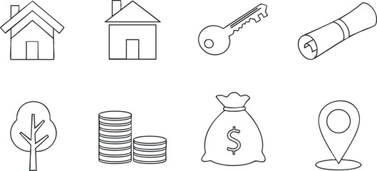 Obraz premium A collection of outline vector icons including a house, tree, money bag, key, and location pin in a minimalist style, ideal for real estate and finance projects