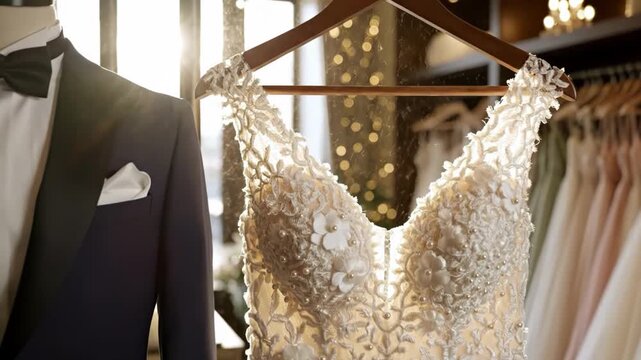 Elegant tuxedo and beautiful wedding dress displayed in a bridal boutique