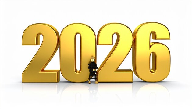 Gold 3D “2026” numerals on white background with small figure climbing ladder toward the number. - Powered by Adobe