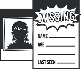 A missing person poster featuring a silhouette and placeholders for name, age, and last seen in black and white vector style, ideal for community awareness campaigns