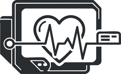 A heart rate monitor display with a heartbeat line in black and white outline vector style, suitable for healthcare and medical technology projects