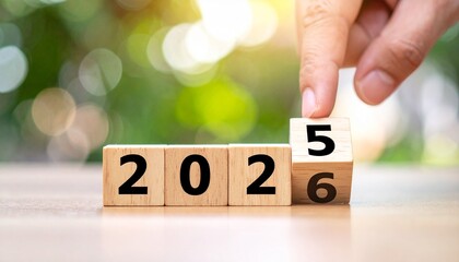 Wooden blocks flipping from &ldquo;2025&rdquo; to &ldquo;2026&rdquo; with hand gesture, set against sunny outdoor background.