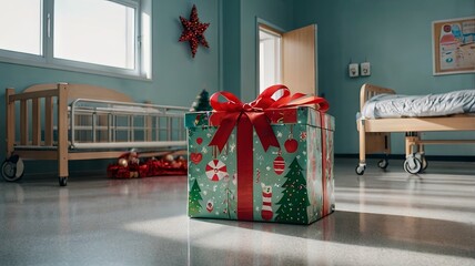 A festively wrapped Christmas gift box on the floor of a children's hospital or medical office. The concept of charity, holiday support, pediatric care, and a festive atmosphere in medical facilities.