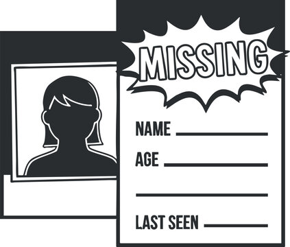 A missing person poster featuring a silhouette and placeholders for name, age, and last seen in black and white vector style, ideal for community awareness campaigns
