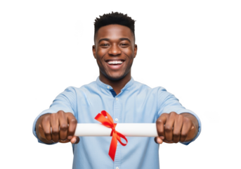 Joyful young man celebrates graduation holding diploma scroll tied with red ribbon isolated on transparent background
