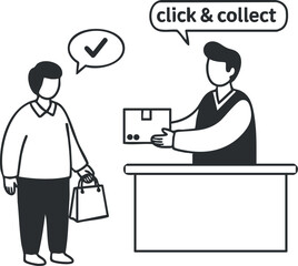 A customer receiving a package at a store counter in black and white minimalist vector style, ideal for e-commerce and retail branding