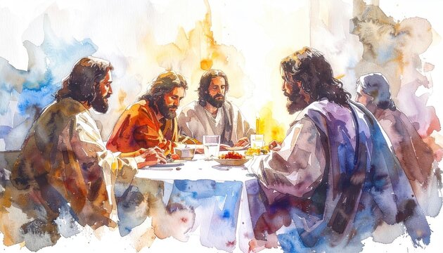 Watercolor painting depicting Jesus and his disciples sharing a meal around a table bathed in warm light