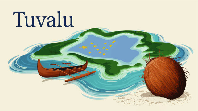 Tuvalu island travel illustration with traditional canoe, coconut on tropical beach and national flag stars in blue lagoon map