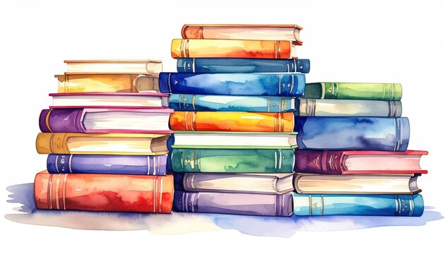 Watercolor painting of a tall stack of colorful books with varying spines in shades of blue orange red and green against a white background