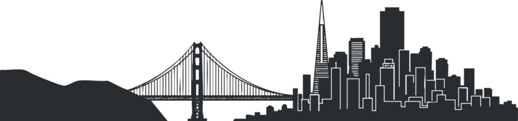 Obraz premium A silhouette of the San Francisco skyline with the Golden Gate Bridge in minimalist black and white vector style, ideal for travel and city-themed projects