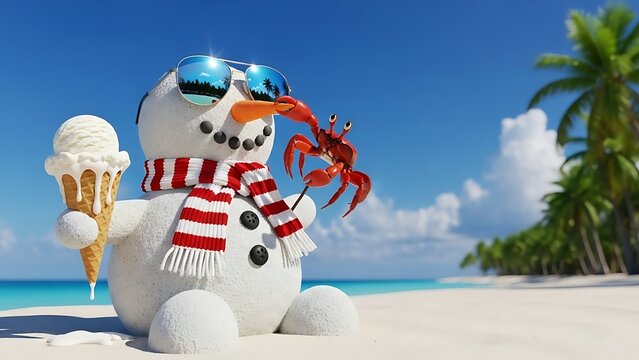 Tropical Summer Holiday Snowman Wearing Sunglasses, Eating Ice Cream on a Sandy Beach