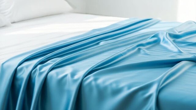 Blue satin bedspread draping over white bedding in bright room  