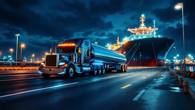 Long exposure capturing busy quay with tanker and ship movements