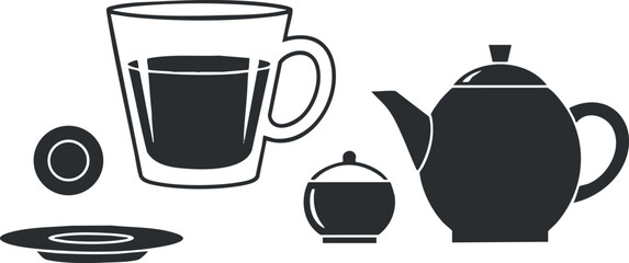 A collection of a teapot, cup, saucer, and sugar bowl in minimalist black and white vector style, ideal for beverage branding and restaurant design