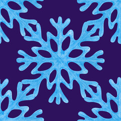 Geometric seamless pattern with blue snowflakes on a dark background. Drawing with colored pencils. Pencil drawing with delicate snowflakes for winter themes and festive decorations.