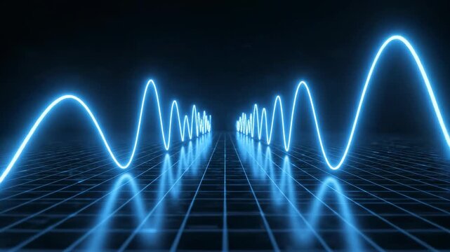 Seamlessly looping visualizer showing bright blue sinusoidal audio waves resonating across a dark digital space pulse, data, smooth