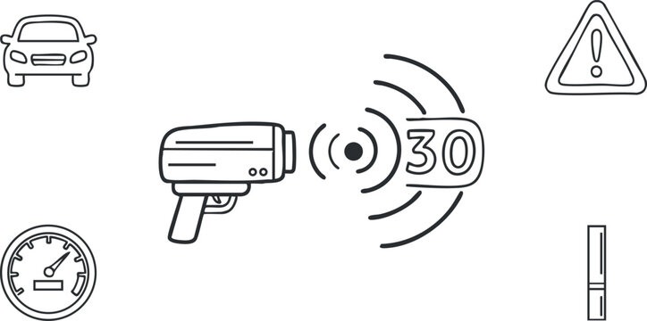 A speed camera illustration with a speed limit sign and various traffic-related icons in black and white minimalist vector style, suitable for road safety campaigns