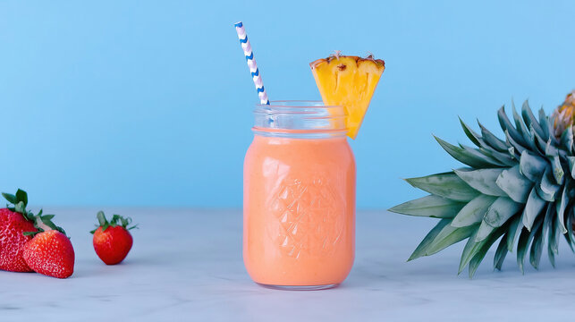 Celebrate Cocktail Straw Day with a refreshing pink cocktail and fresh fruits against a bright blue background