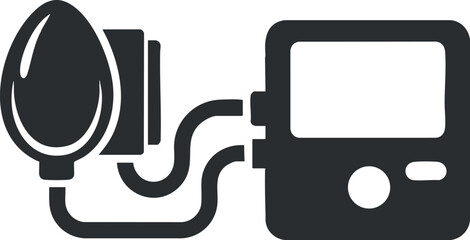 A blood pressure monitor with an inflatable cuff and digital display in a minimalist black and white vector style, ideal for healthcare and medical applications