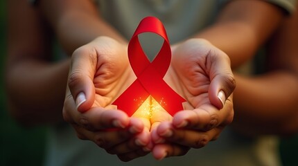 Heartfelt World AIDS Day illustration with cupped hands holding a radiant red ribbon, warm ambient glow, blurred bokeh lights, and prominent “1st December” text, conveying hope and empathy