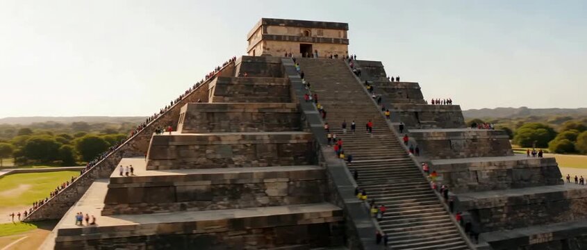 Tourists Exploring The Ancient Mayan Pyramid El Castillo At Chichen Itza.
