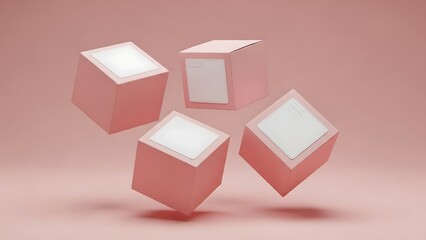 Four pink boxes with blank white labels floating in the air.