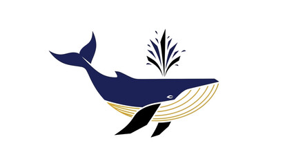 Elegant blue whale illustration with water spout and golden details.