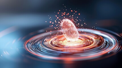 A glowing digital fingerprint floats above concentric data rings, representing biometric identification and technological advancement.