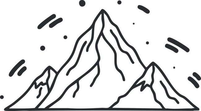 A minimalist outline illustration of three mountain peaks in black and white vector style, suitable for outdoor adventure themes - Powered by Adobe