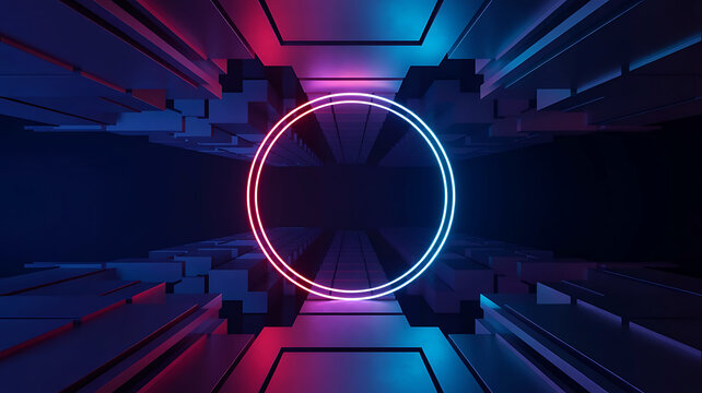 Abstract Neon Glowing Circle in Dark Space with Geometric Shapes Modern Tech Background