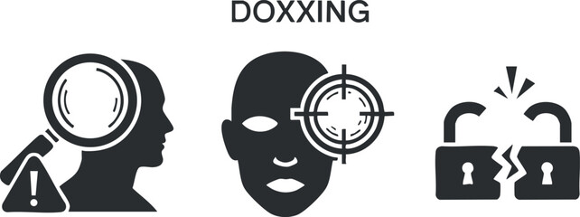 A doxxing illustration featuring a magnifying glass on a head silhouette, a target on a face, and unlocked padlocks in black and white vector style, suitable for cybersecurity awareness campaigns