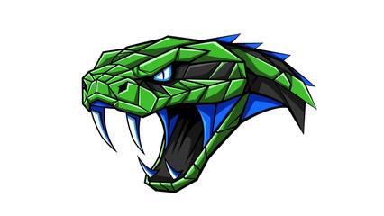 Aggressive Green Viper Snake Head with Open Mouth and Fangs.