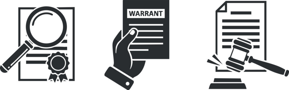 A collection of legal symbols including a magnifying glass, a hand holding a warrant, and a gavel in black and white vector style, ideal for law-related designs