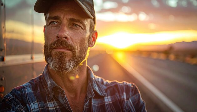 Weathered Man With Frost On His Beard Gazes At A Desert Sunrise Beside A Highway