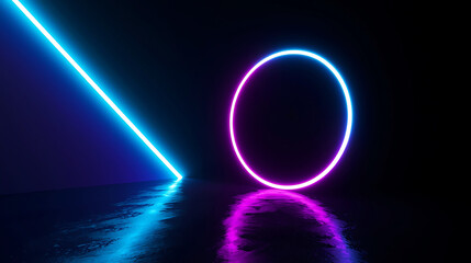 Abstract Neon Lights with Circle and Line Shapes Glowing in the Dark Room