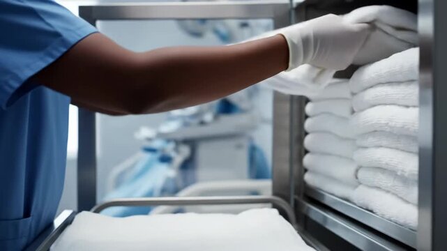 A person in medical scrubs and gloves folds white towels, stacks. Medical equipment blurred