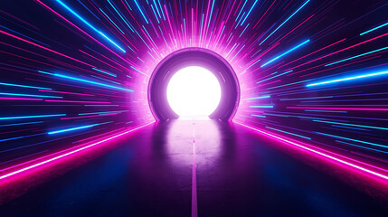 Abstract tunnel with neon lights and glowing portal creating a futuristic and modern design