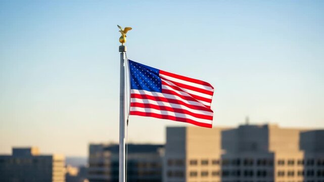 American flag waving against blue sky in urban setting , patriotism and national pride 