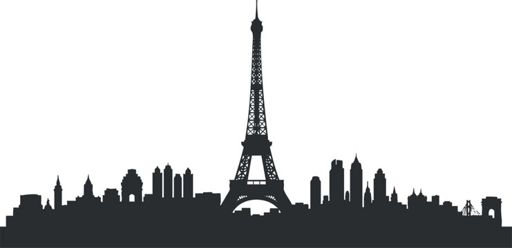 A silhouette of the Paris skyline featuring the Eiffel Tower in a minimalist black vector style, ideal for travel-themed decor