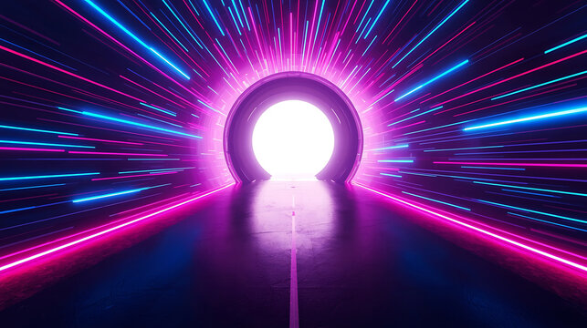 Abstract tunnel with neon lights and glowing portal creating a futuristic and modern design - Powered by Adobe